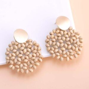 Wooden Bead Round Drop Gold Tone Earrings ER12